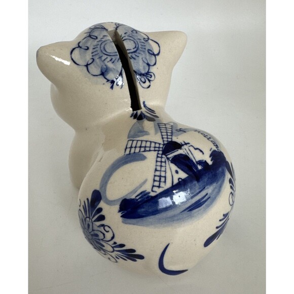 Vtg Delft Blue White Ceramic Hand Painted Piggy Bank Pig Holland Windmill Gift - Picture 9 of 16